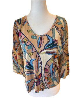 Le Mieux Studio Womens Pullover V-Neck Top Medium Multicolor Retro Floral Print